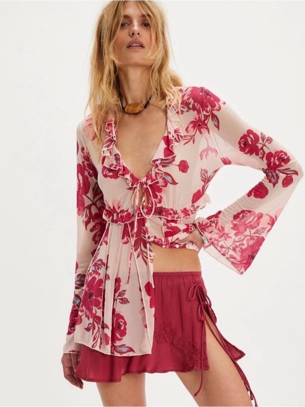 Free People Wildest Dreams SheerV Neck Tunic in Warm Pink Combo Size XS NWT